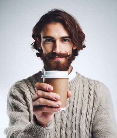 Close-up photo of coffee cup Takeaway.Hold by Asian people. white background generative aiの素材