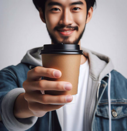 Close-up photo of coffee cup Takeaway.Hold by Asian people. white background generative aiの素材