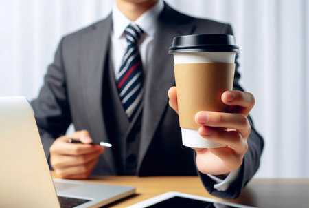 Close-up photo of coffee cup Takeaway.Hold by Asian people. white background generative aiの素材