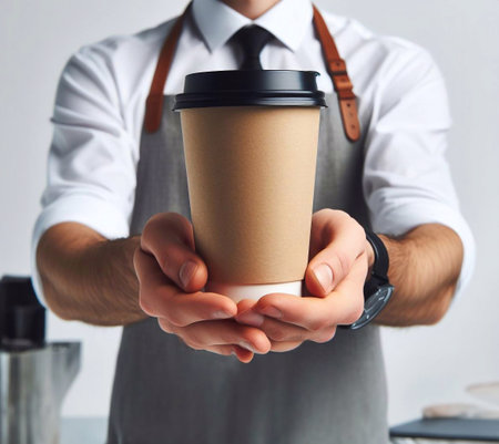 Close-up photo of coffee cup Takeaway.Hold by Asian people. white background generative aiの素材