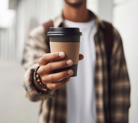 Close-up photo of coffee cup Takeaway.Hold by Asian people. white background generative aiの素材