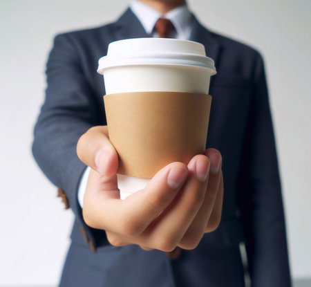 Close-up photo of coffee cup Takeaway.Hold by Asian people. white background generative aiの素材