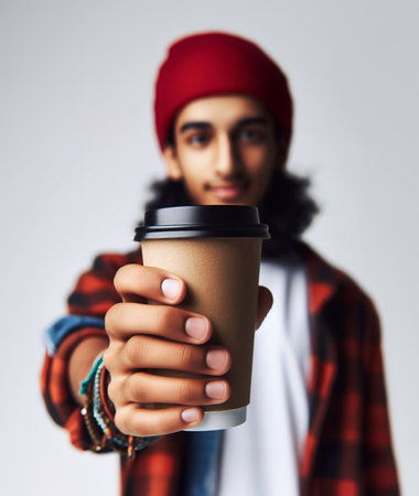 Close-up photo of coffee cup Takeaway.Hold by Asian people. white background generative aiの素材