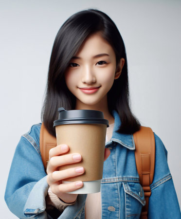 Close-up photo of coffee cup Takeaway.Hold by Asian people. white background generative aiの素材