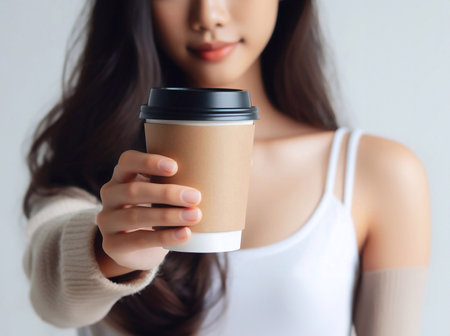 Close-up photo of coffee cup Takeaway.Hold by Asian people. white background generative aiの素材