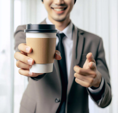 Close-up photo of coffee cup Takeaway.Hold by Asian people. white background generative aiの素材