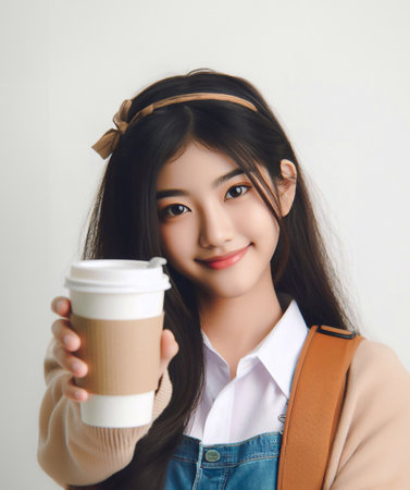 Close-up photo of coffee cup Takeaway.Hold by Asian people. white background generative aiの素材