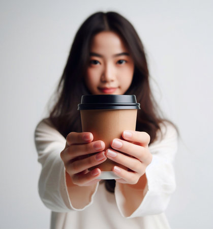 Close-up photo of coffee cup Takeaway.Hold by Asian people. white background generative aiの素材