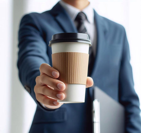 Close-up photo of coffee cup Takeaway.Hold by Asian people. white background generative aiの素材