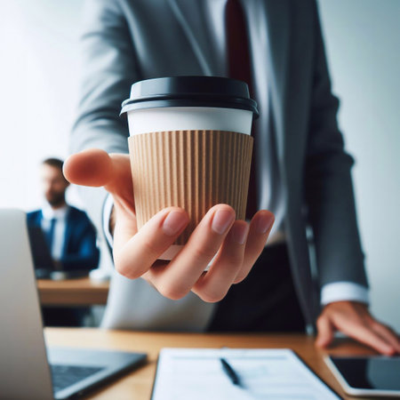 Close-up photo of coffee cup Takeaway.Hold by Asian people. white background generative aiの素材