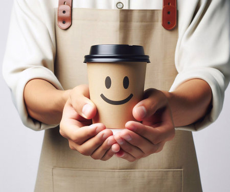Close-up photo of coffee cup Takeaway.Hold by Asian people. white background generative aiの素材