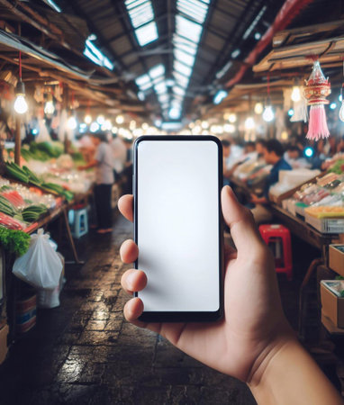 Smartphone with blank white screen held by an Asian person generative aiの素材