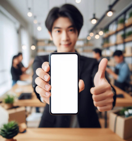 Smartphone with blank white screen held by an Asian person generative aiの素材