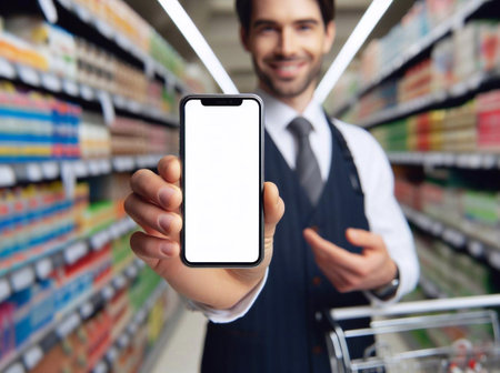 Smartphone with blank white screen held by an Asian person generative aiの素材