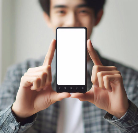 Smartphone with blank white screen held by an Asian person generative aiの素材