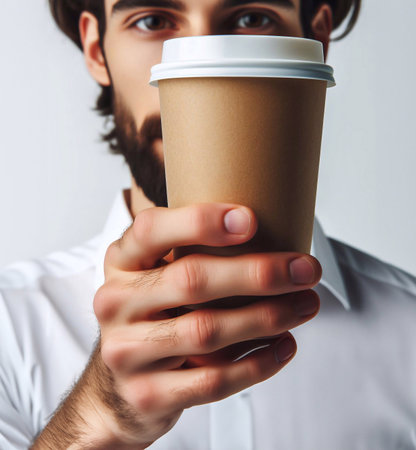 Close-up photo of coffee cup Takeaway.Hold by Asian people. white background generative aiの素材