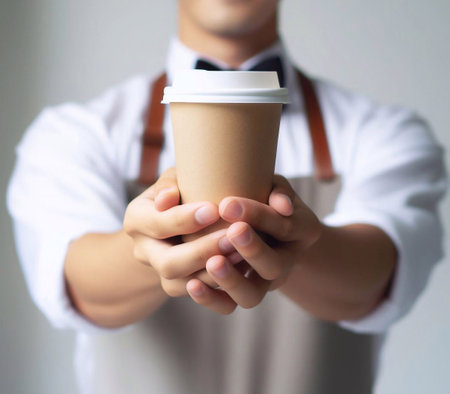 Close-up photo of coffee cup Takeaway.Hold by Asian people. white background generative aiの素材