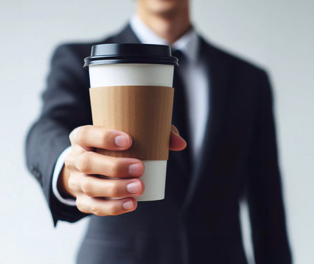 Close-up photo of coffee cup Takeaway.Hold by Asian people. white background generative aiの素材