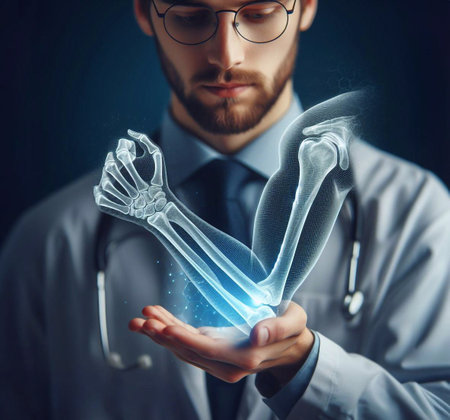 doctor's palm with a holographic graphic Bone X-ray generative aiの素材