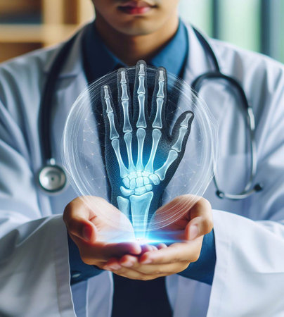 doctor's palm with a holographic graphic Bone X-ray generative aiの素材