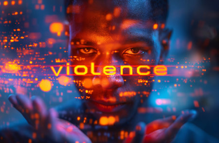 Violence, glowing letters in hand, light hitting face generative aiの素材