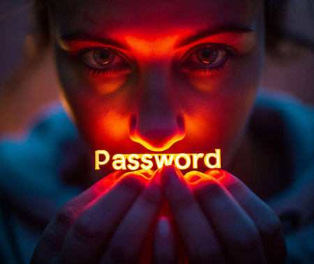Password, glowing letters in the hand, light hitting the face, generative aiの素材