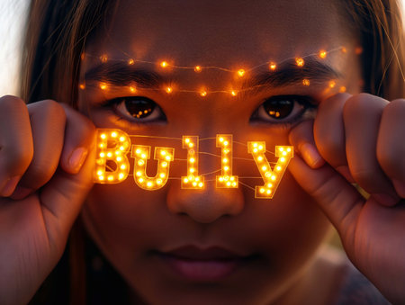 Bully, glowing letters in hand, light hitting face generative aiの素材