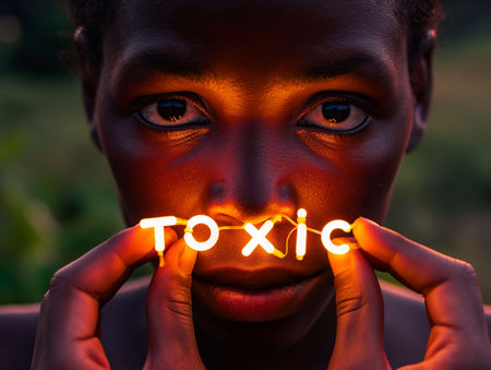 Toxic, letters glow in the hand, light hits the face generative aiの素材