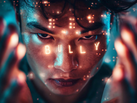 Bully, glowing letters in hand, light hitting face generative aiの素材