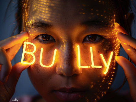 Bully, glowing letters in hand, light hitting face generative aiの素材