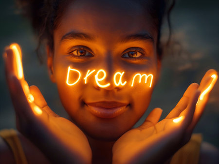 Dream, glowing letters in hand, light hitting face generative aiの素材