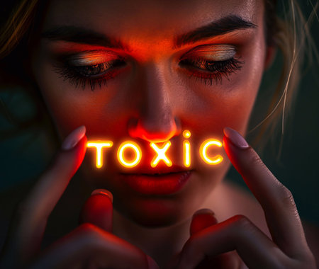 Toxic, letters glow in the hand, light hits the face generative aiの素材
