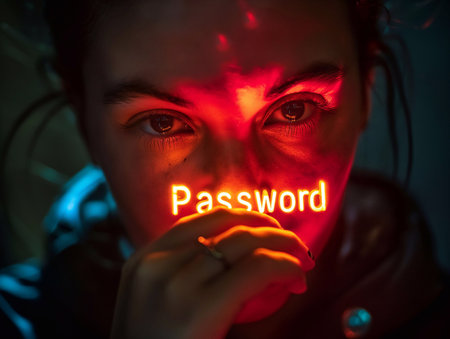 Password, glowing letters in the hand, light hitting the face, generative aiの素材