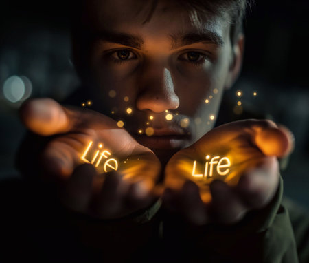 Life, glowing letters in the hand, light hitting the face generative aiの素材
