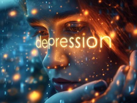 Depression, glowing letters in hand, light hitting face generative aiの素材
