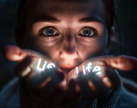 Life, glowing letters in the hand, light hitting the face generative aiの素材