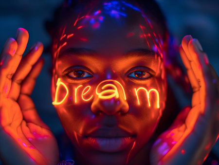 Dream, glowing letters in hand, light hitting face generative aiの素材