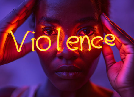 Violence, glowing letters in hand, light hitting face generative aiの素材