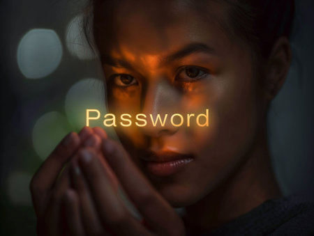Password, glowing letters in the hand, light hitting the face, generative aiの素材