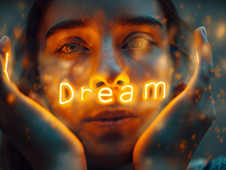Dream, glowing letters in hand, light hitting face generative aiの素材