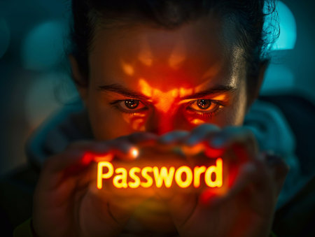 Password, glowing letters in the hand, light hitting the face, generative aiの素材