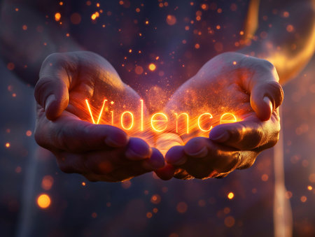 Violence, glowing letters in hand, light hitting face generative aiの素材