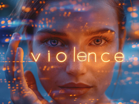 Violence, glowing letters in hand, light hitting face generative aiの素材