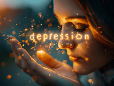 Depression, glowing letters in hand, light hitting face generative aiの素材