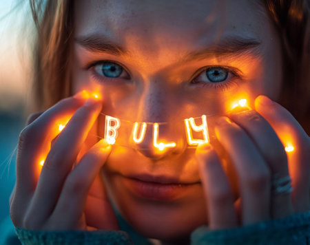Bully, glowing letters in hand, light hitting face generative aiの素材