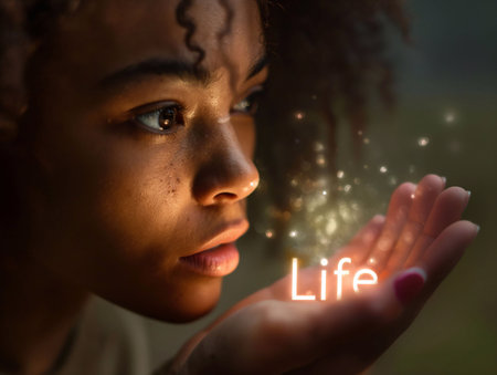 Life, glowing letters in the hand, light hitting the face generative aiの素材