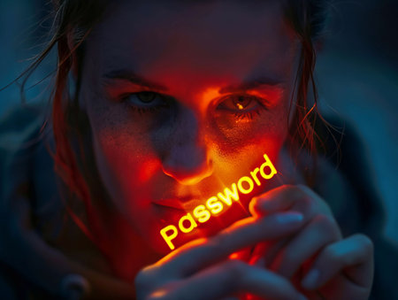 Password, glowing letters in the hand, light hitting the face, generative aiの素材