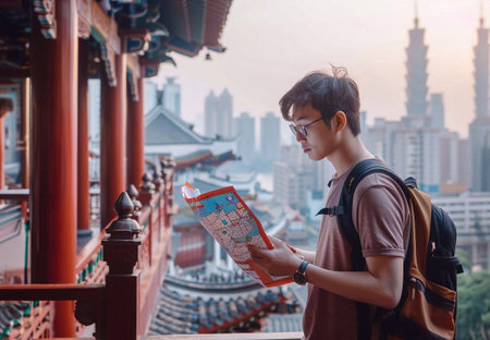 Asia tourist looking at map. Beautiful tourist attractions. generative aiの素材