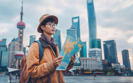Asia tourist looking at map. Beautiful tourist attractions. generative aiの素材