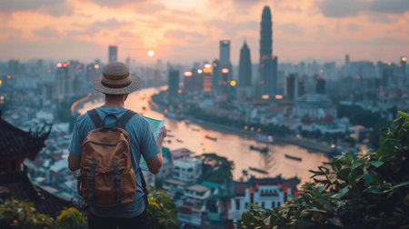 Asia tourist looking at map. Beautiful tourist attractions. generative aiの素材